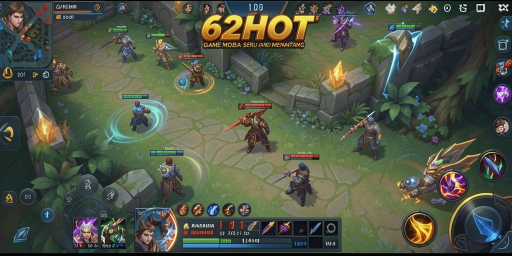 Gameplay seru dalam 62HOT dengan aksi MOBA yang mendebarkan.