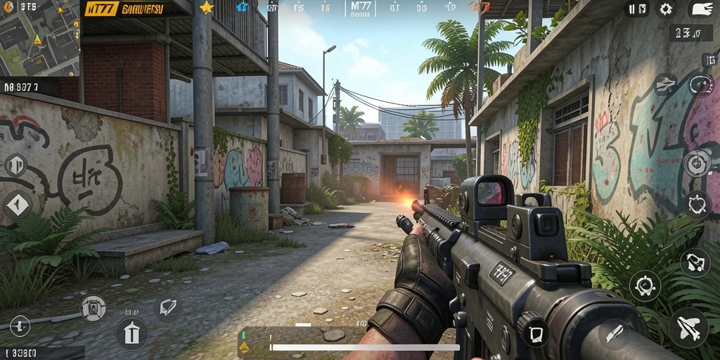 Tampilan aksi seru dalam MT777 dengan gameplay FPS yang intens.