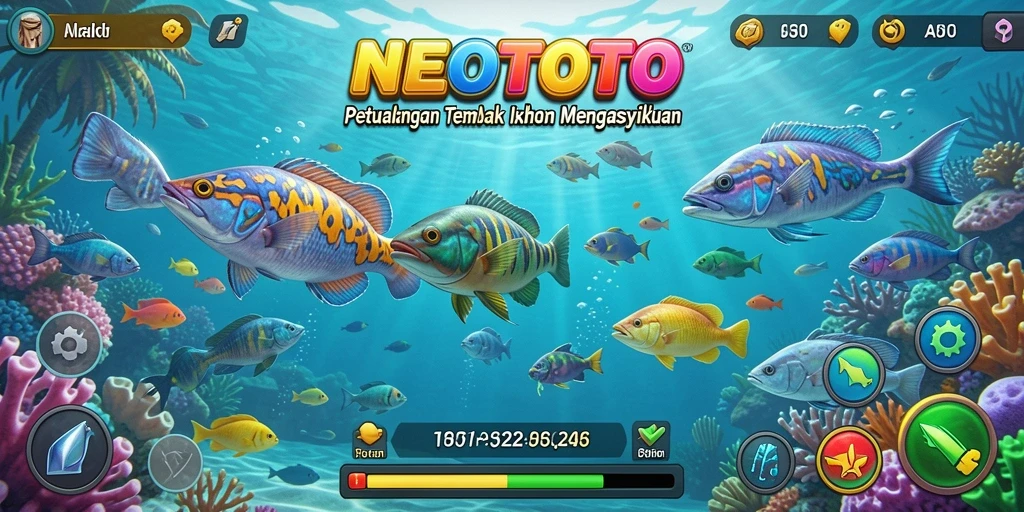 Tampilan gameplay seru dari NEOTOTO dengan ikan beragam yang bisa ditangkap.