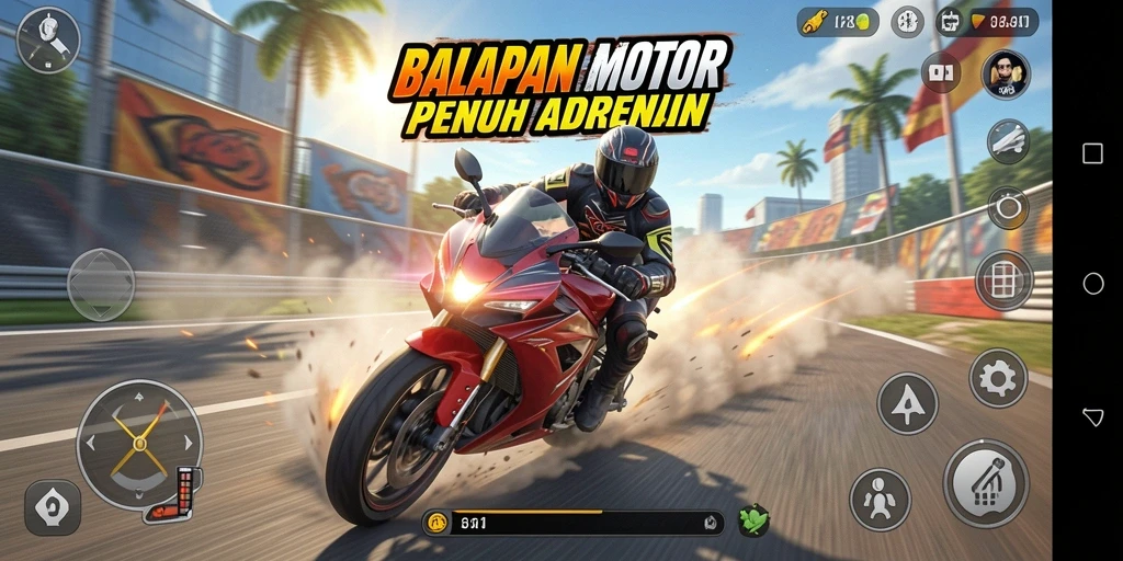 Tampilan gameplay menegangkan di balapan motor OKGAMES.