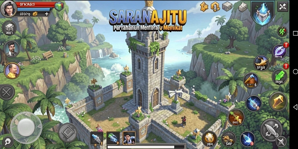 Screenshot utama SARANAJITU menampilkan aksi seru dalam pertahanan menara.
