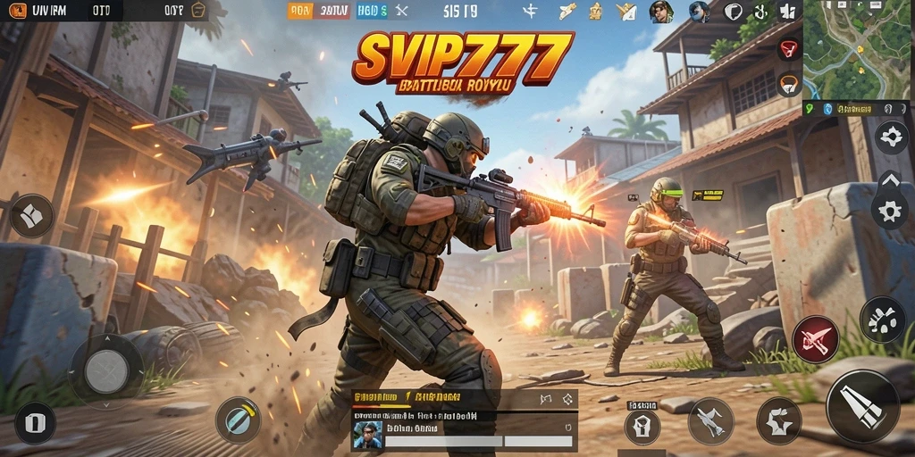 Screenshot utama SVIP777 menampilkan aksi seru dalam pertempuran Battle Royale.