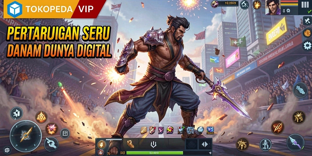 Tangkapan layar menunjukkan pertarungan seru antara dua karakter di TOKOPEDIAVIP.